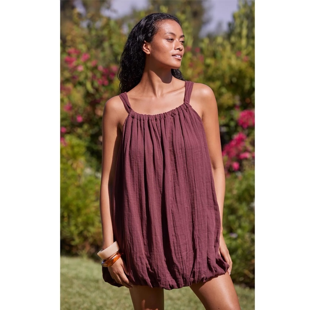Anthropologie Gauze Bubble Hem Mini Dress Maroon Sleeveless Lagenlook Boho